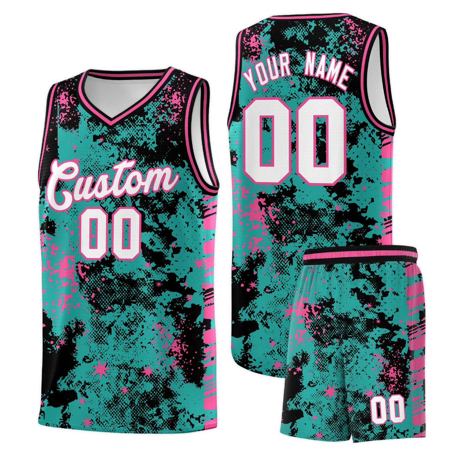 Custom Aqua Black Vice Burst Galactic Graffiti Drapable Basketball Jersey