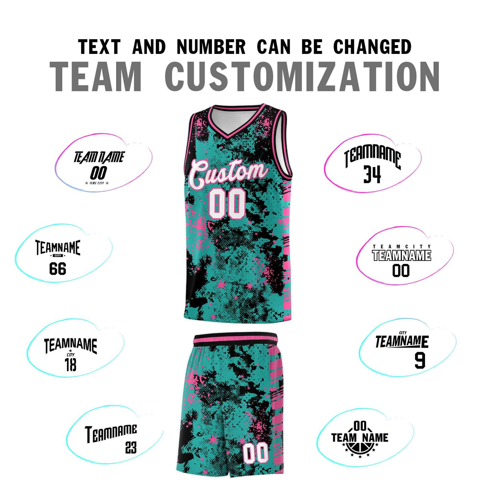 Custom Aqua Black Vice Burst Galactic Graffiti Drapable Basketball Jersey