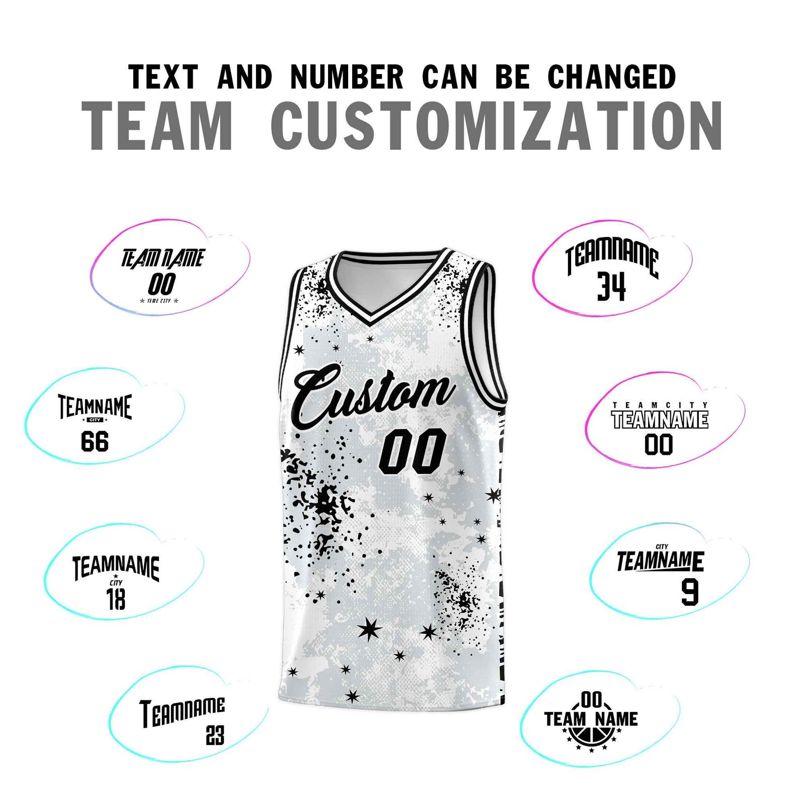 Custom White Black Vice Burst Galactic Graffiti Moisture-Wicking Basketball Jersey