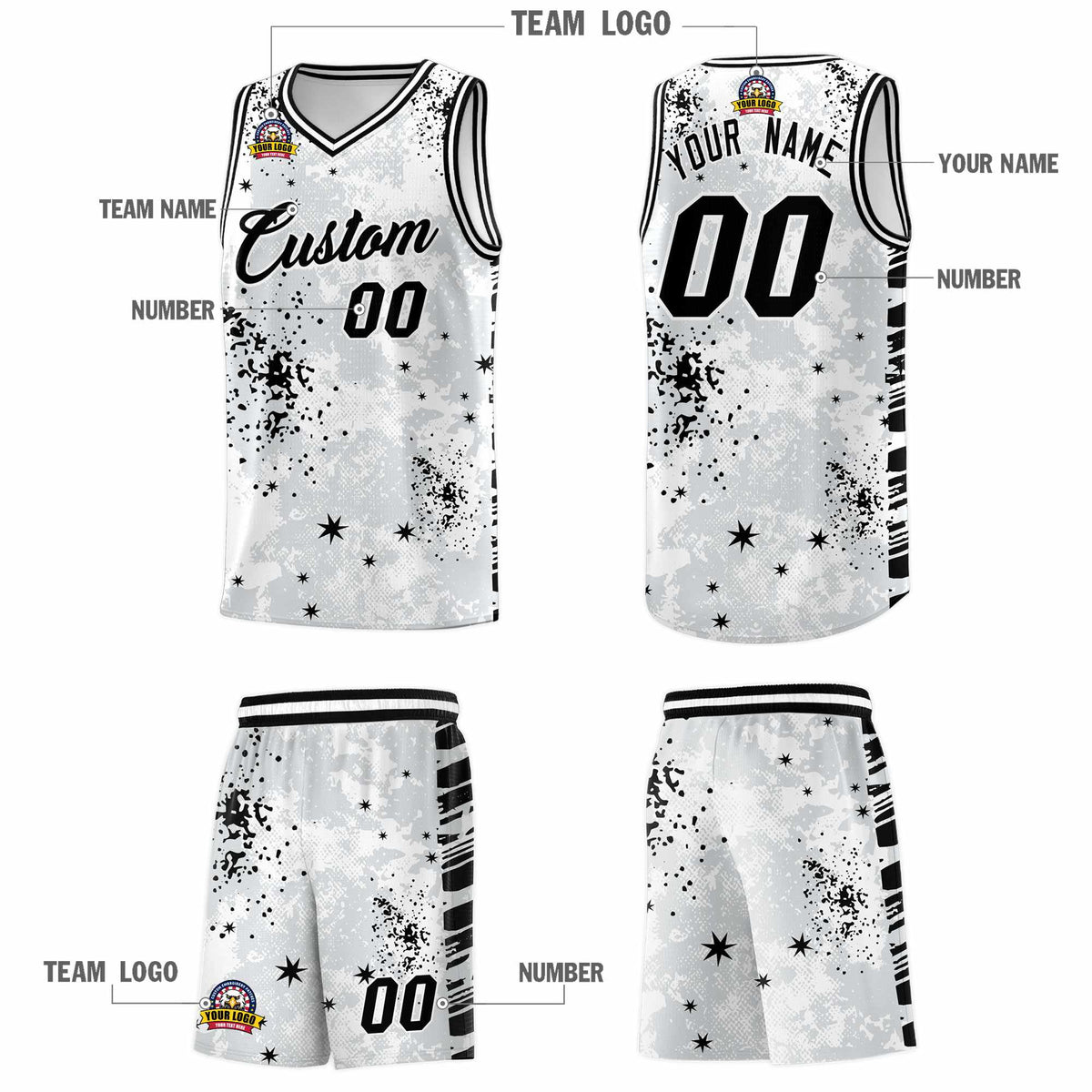 Custom White Black Vice Burst Galactic Graffiti Moisture-Wicking Basketball Jersey