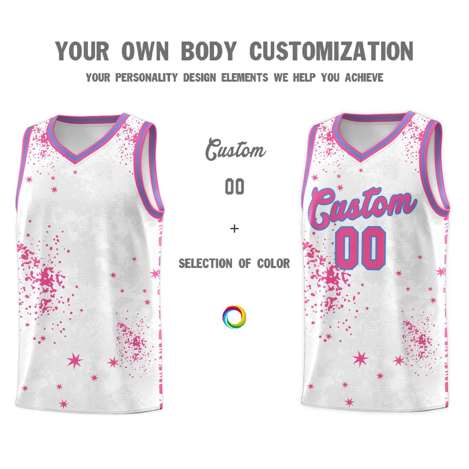 Custom Pink Powder Blue Vice Burst Galactic Graffiti Sublimation Printing Basketball Jersey
