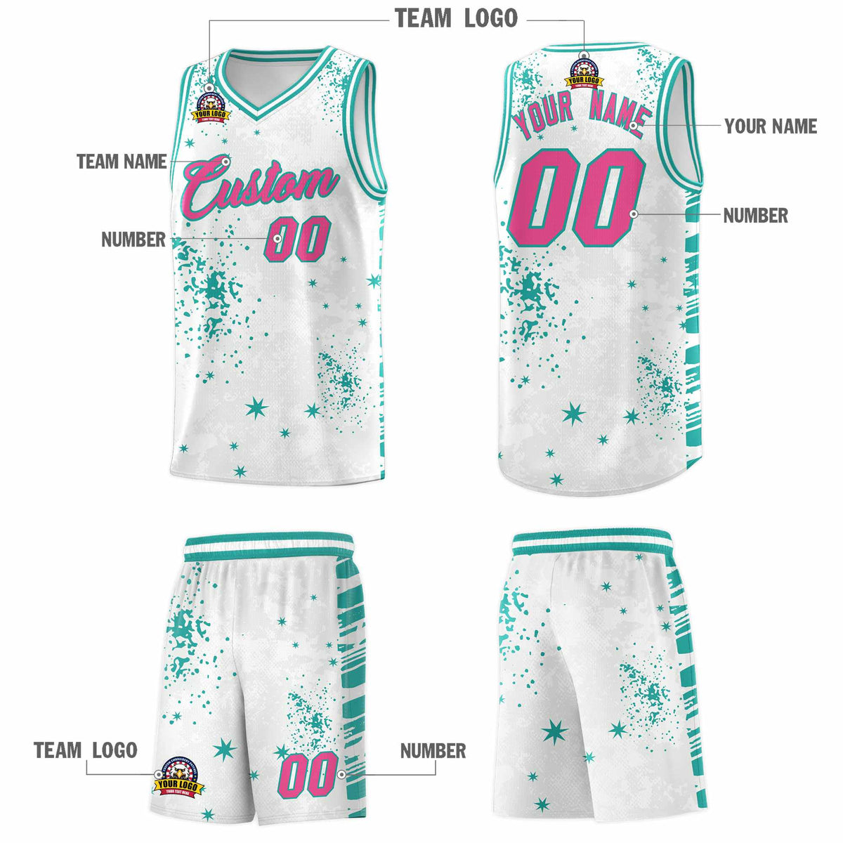 Custom White Aqua Vice Burst Galactic Graffiti Breathable Basketball Jersey