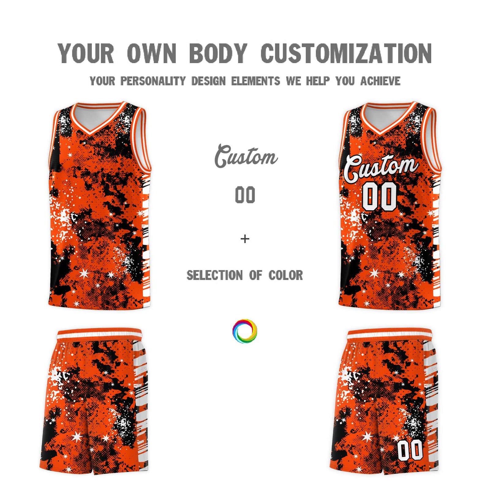 Custom Orange Black Vice Burst Galactic Graffiti Lightweight Basketball Jersey