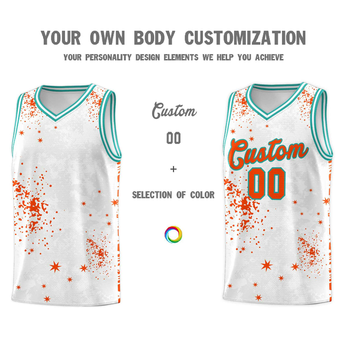 Custom Orange Aqua Vice Burst Galactic Graffiti Quick-Drying Basketball Jersey