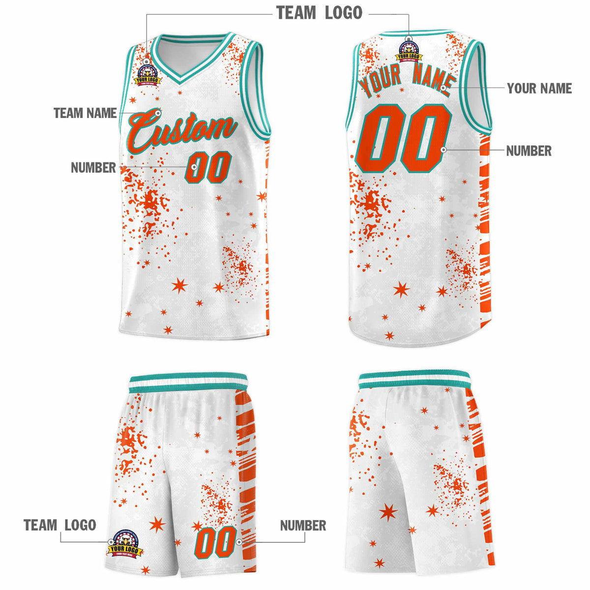 Custom Orange Aqua Vice Burst Galactic Graffiti Quick-Drying Basketball Jersey
