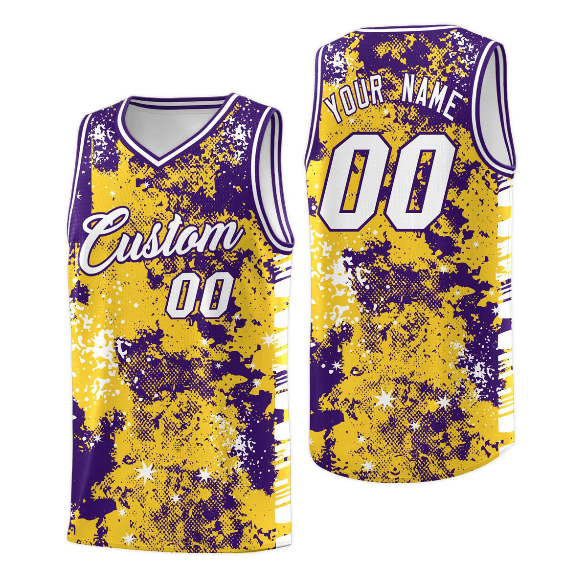 Custom Gold Purple Vice Burst Galactic Graffiti Drapable Basketball Jersey
