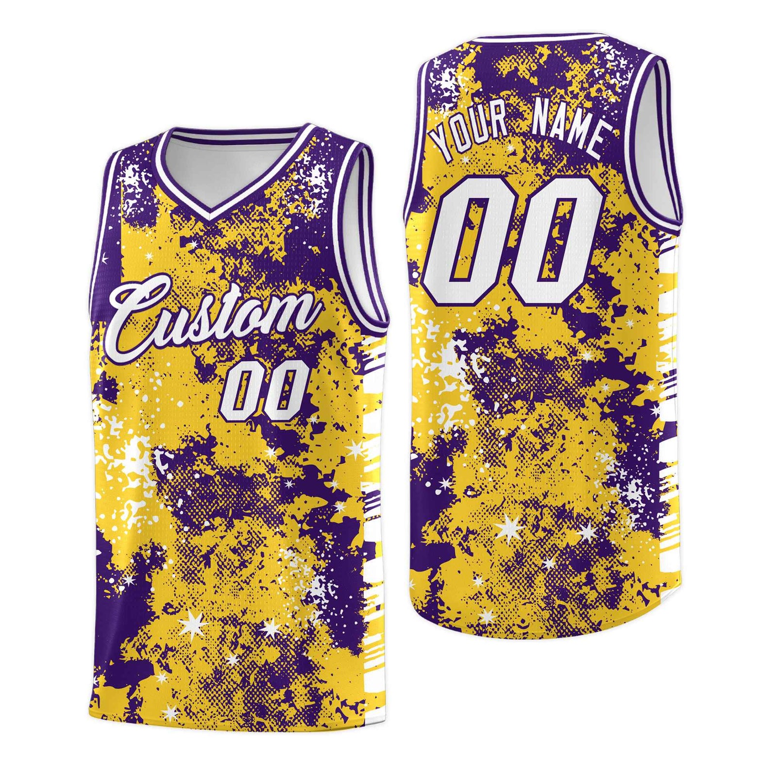 Custom Gold Purple Vice Burst Galactic Graffiti Drapable Basketball Jersey