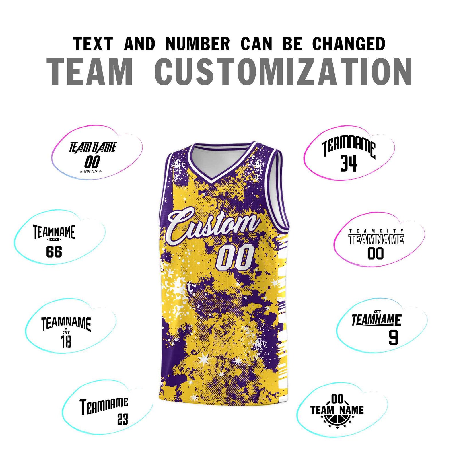 Custom Gold Purple Vice Burst Galactic Graffiti Drapable Basketball Jersey
