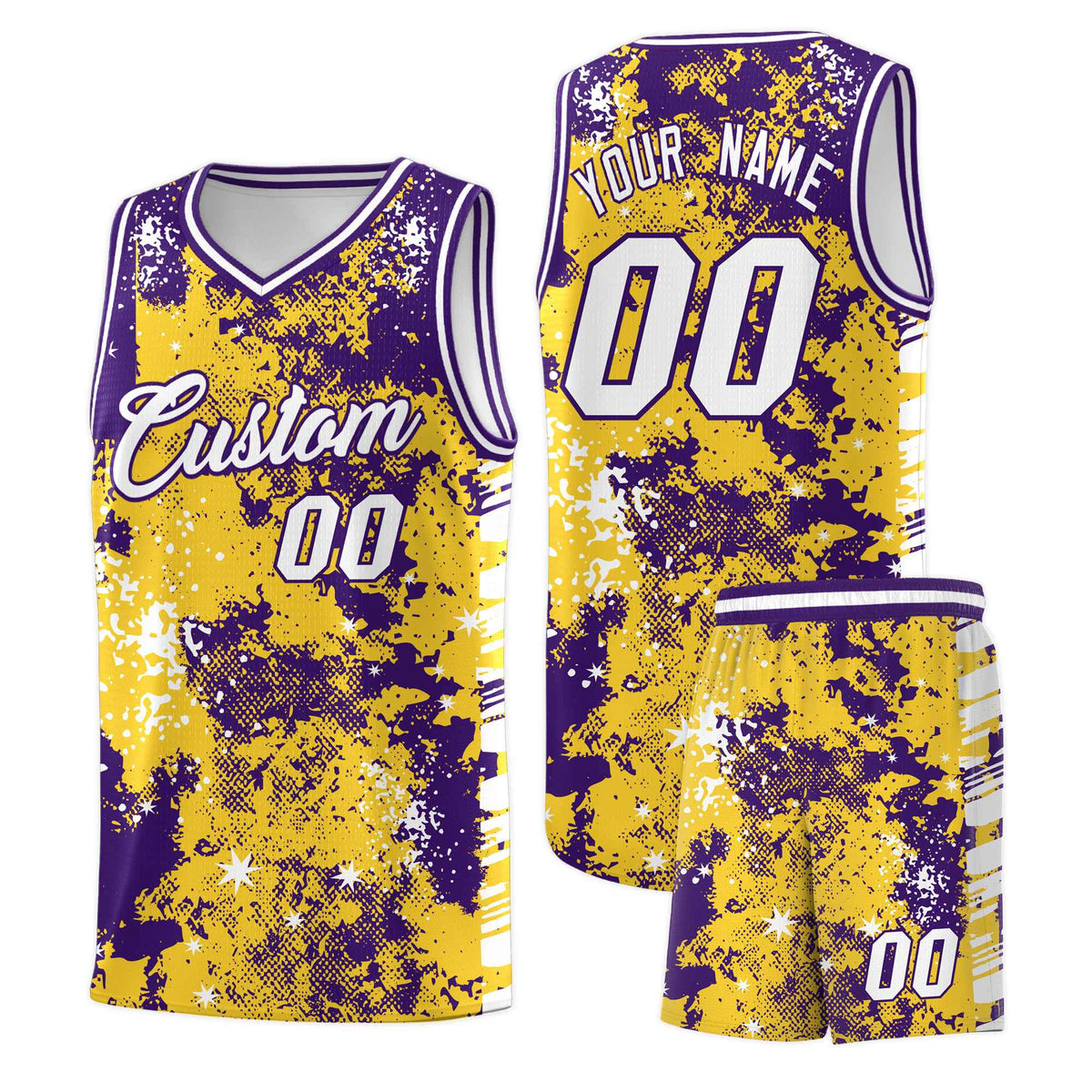 Custom Gold Purple Vice Burst Galactic Graffiti Drapable Basketball Jersey