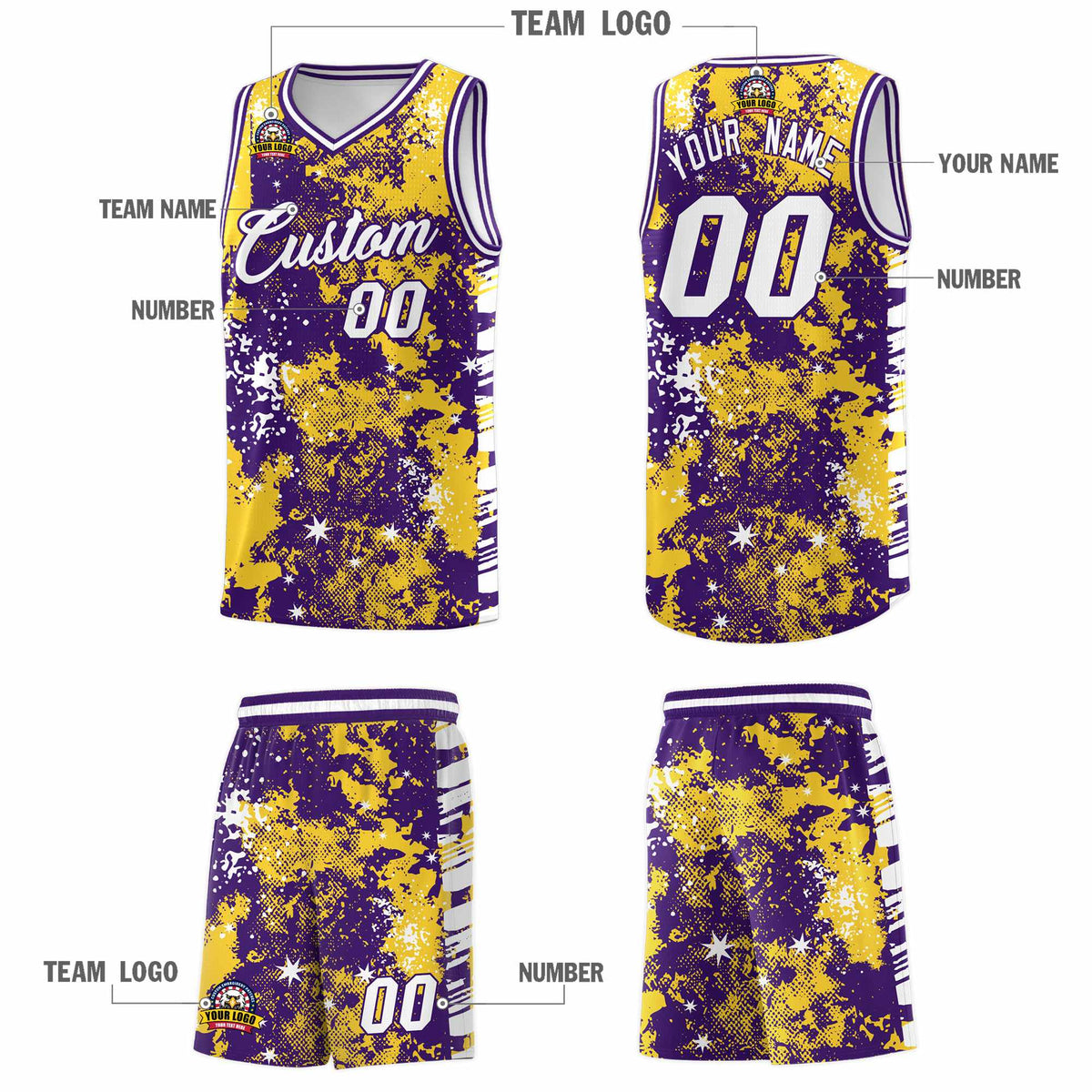 Custom Gold Purple Vice Burst Galactic Graffiti Sublimation Printing Basketball Jersey