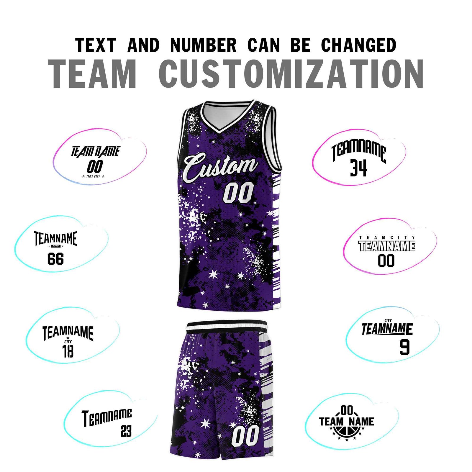 Custom Purple Black Vice Burst Galactic Graffiti Stretch Fabric Basketball Jersey