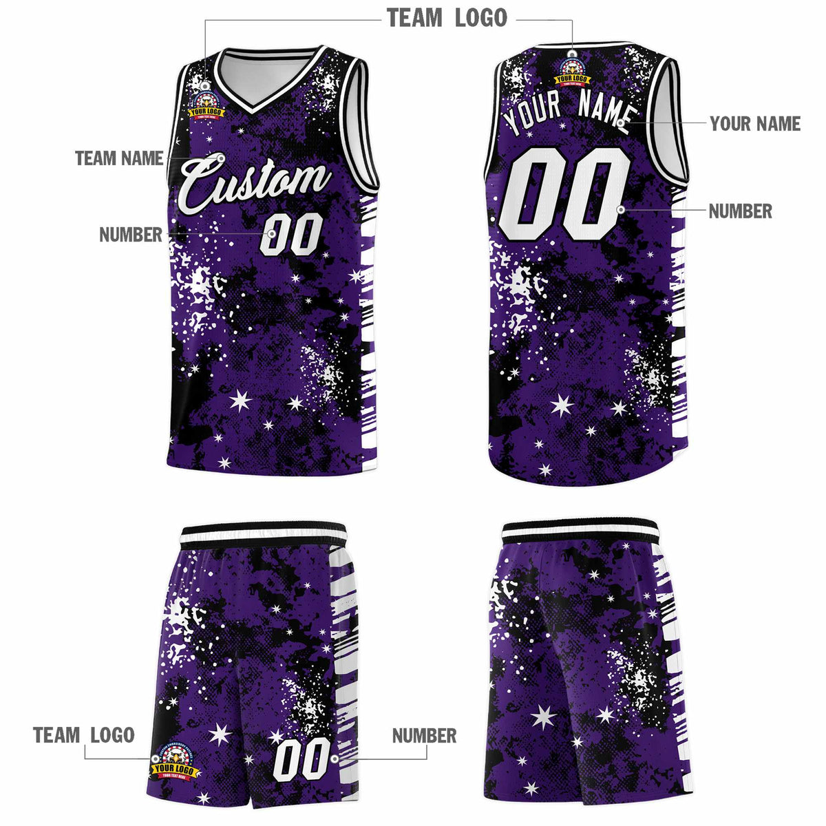 Custom Purple Black Vice Burst Galactic Graffiti Stretch Fabric Basketball Jersey