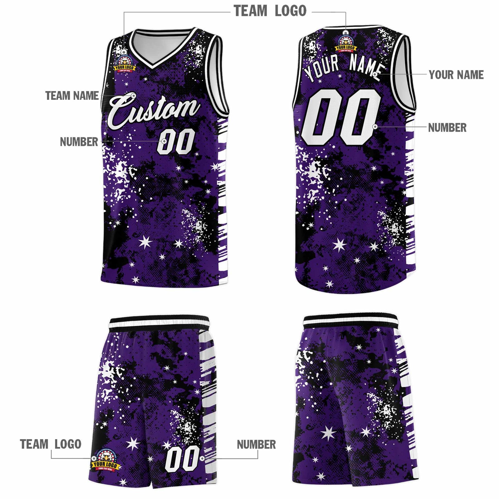 Custom Purple Black Vice Burst Galactic Graffiti Stretch Fabric Basketball Jersey