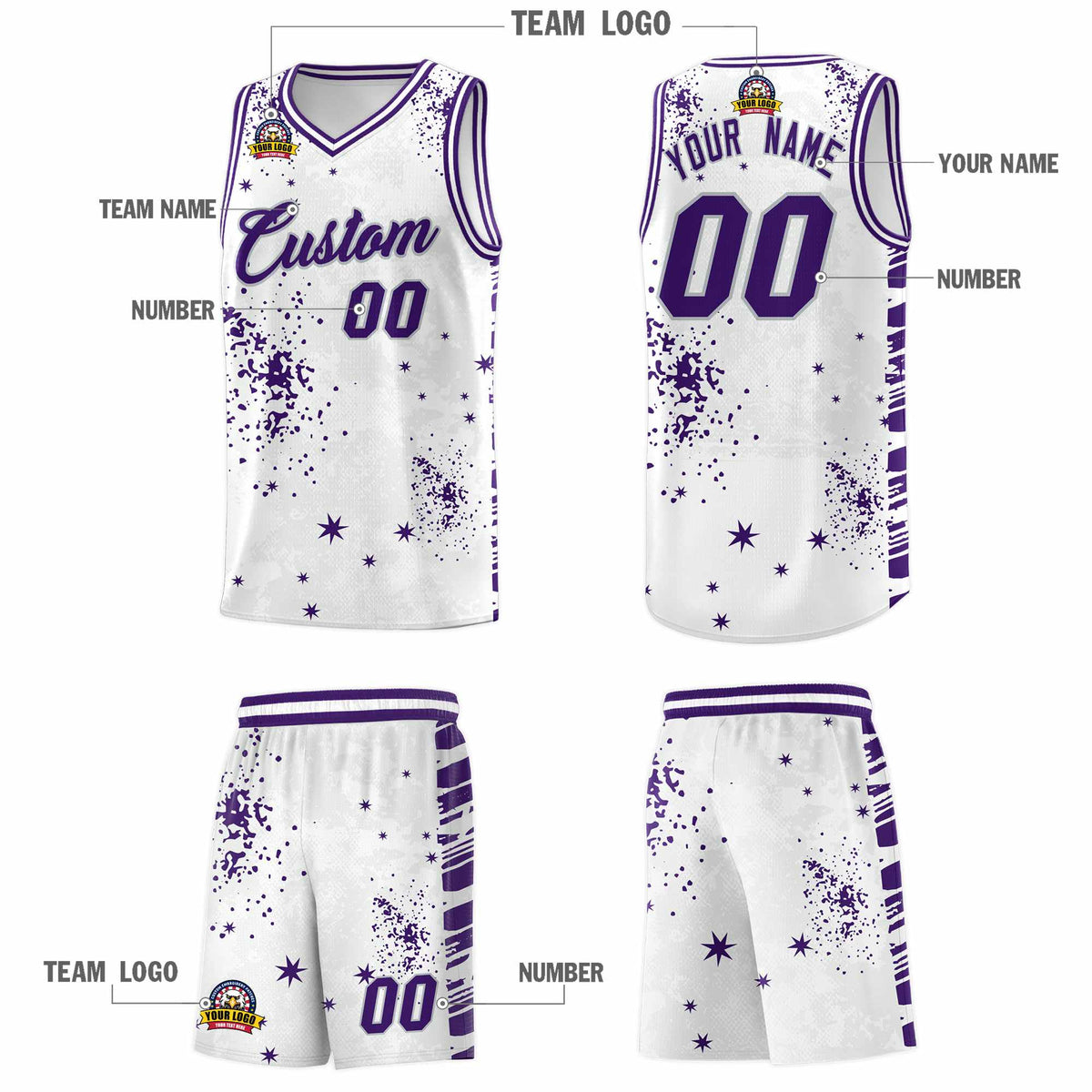 Custom White Purple Vice Burst Galactic Graffiti Moisture-Wicking Basketball Jersey