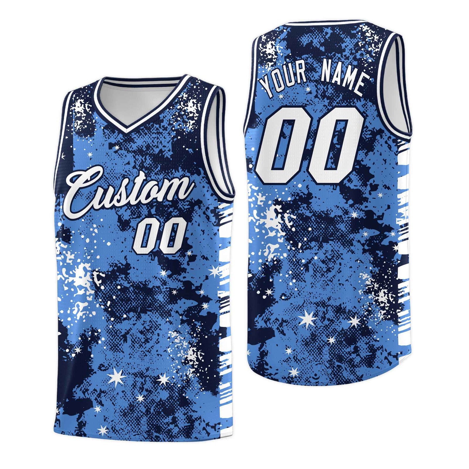 Custom Powder Blue Navy Vice Burst Galactic Graffiti Drapable Basketball Jersey