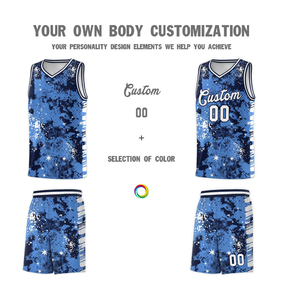 Custom Powder Blue Navy Vice Burst Galactic Graffiti Drapable Basketball Jersey