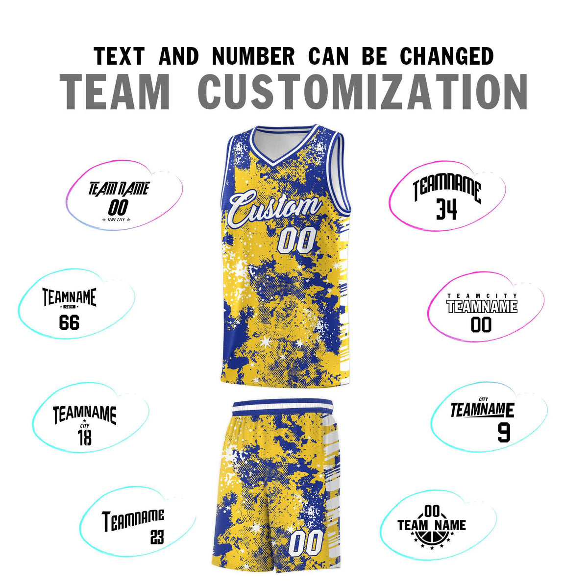 Custom Gold Royal Blue Vice Burst Galactic Graffiti Sublimation Printing Basketball Jersey