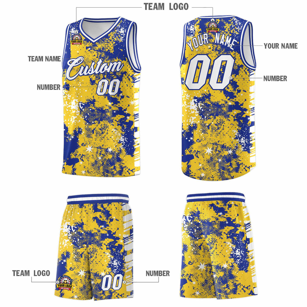Custom Gold Royal Blue Vice Burst Galactic Graffiti Sublimation Printing Basketball Jersey