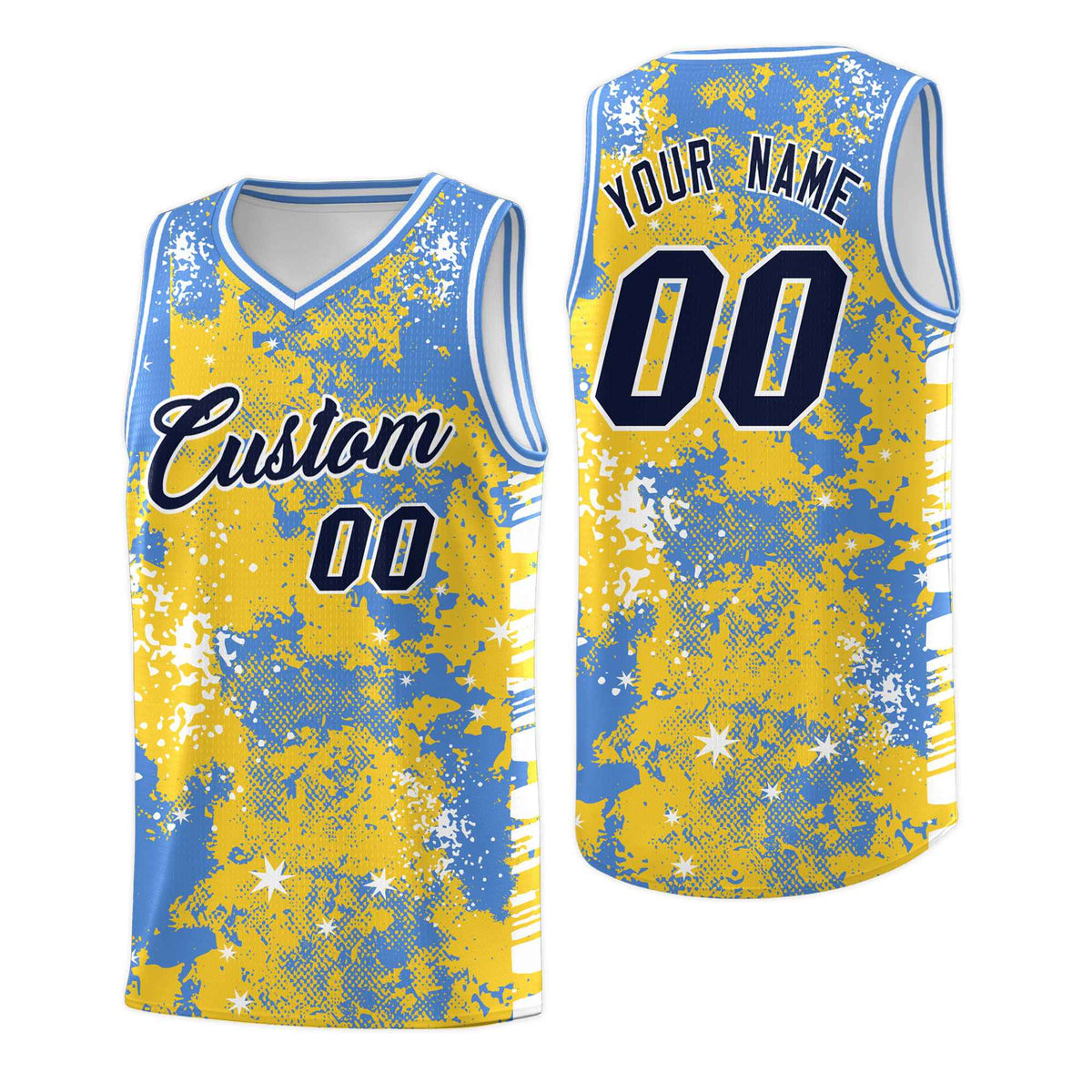 Custom Gold Powder Blue Vice Burst Galactic Graffiti Stretch Fabric Basketball Jersey