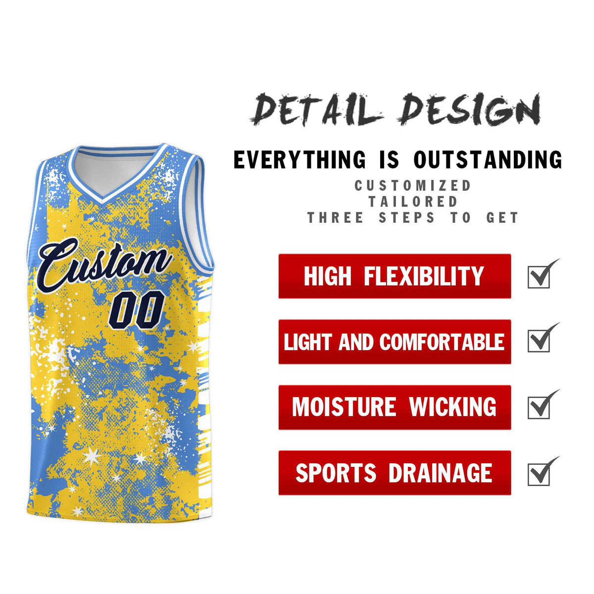Custom Gold Powder Blue Vice Burst Galactic Graffiti Stretch Fabric Basketball Jersey