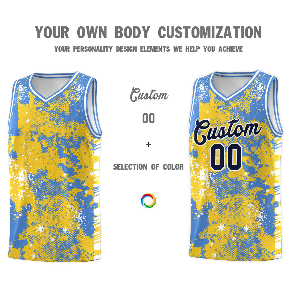 Custom Gold Powder Blue Vice Burst Galactic Graffiti Stretch Fabric Basketball Jersey
