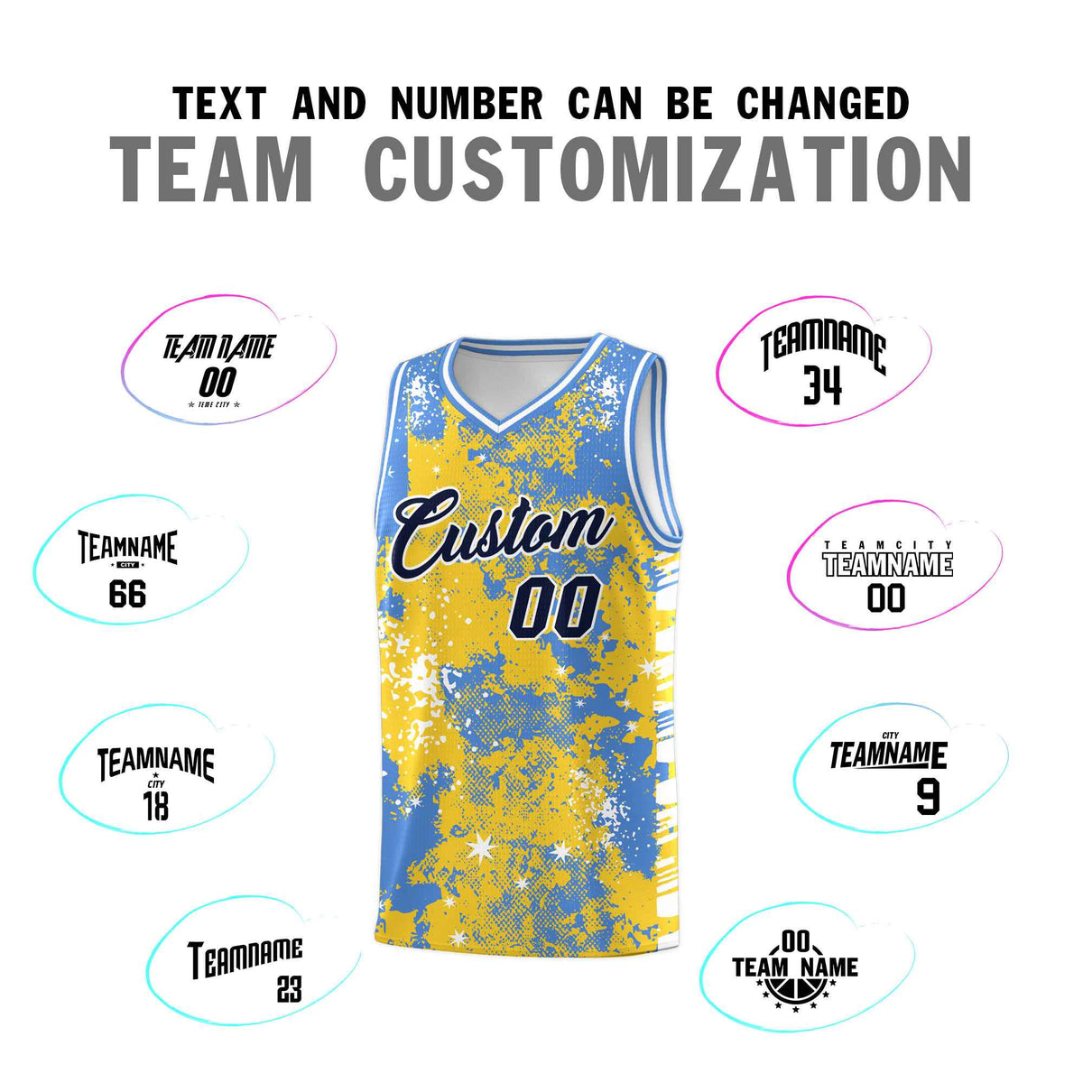 Custom Gold Powder Blue Vice Burst Galactic Graffiti Stretch Fabric Basketball Jersey