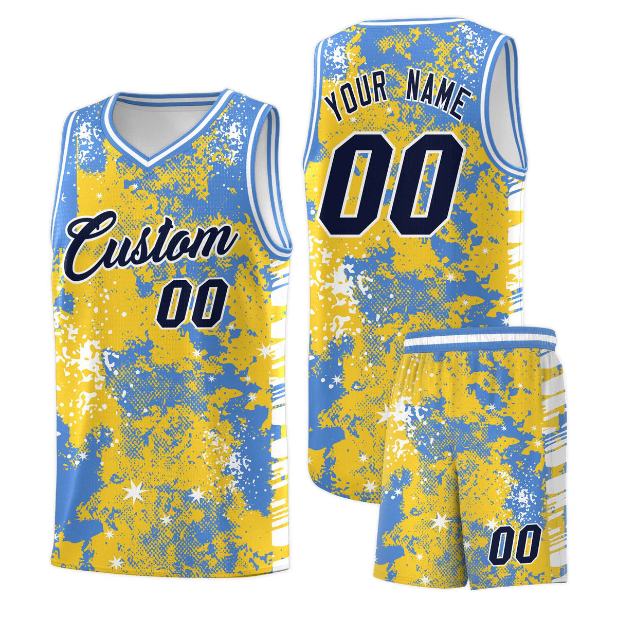 Custom Gold Powder Blue Vice Burst Galactic Graffiti Stretch Fabric Basketball Jersey