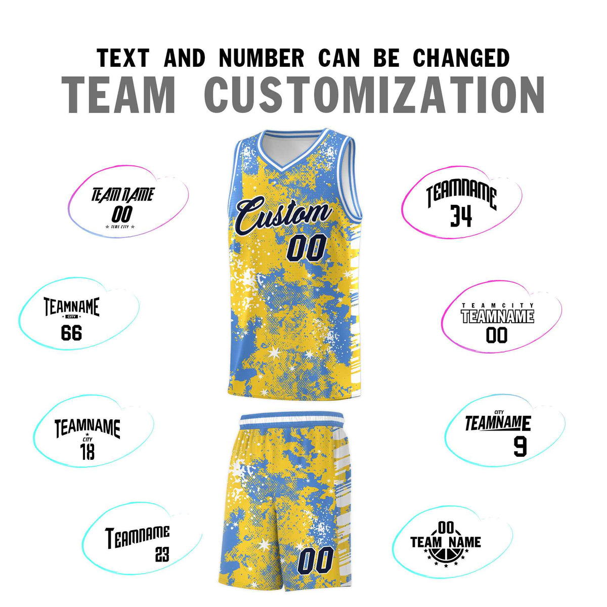 Custom Gold Powder Blue Vice Burst Galactic Graffiti Stretch Fabric Basketball Jersey