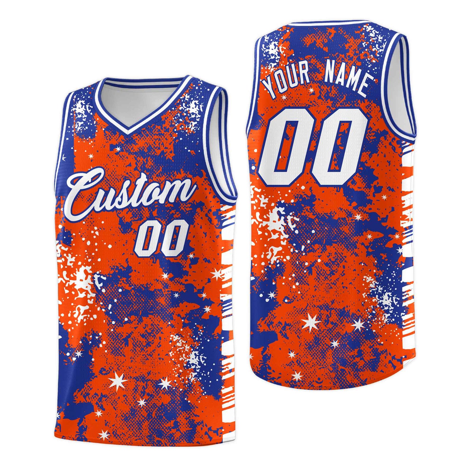 Custom Orange Royal Blue Vice Burst Galactic Graffiti Moisture-Wicking Basketball Jersey