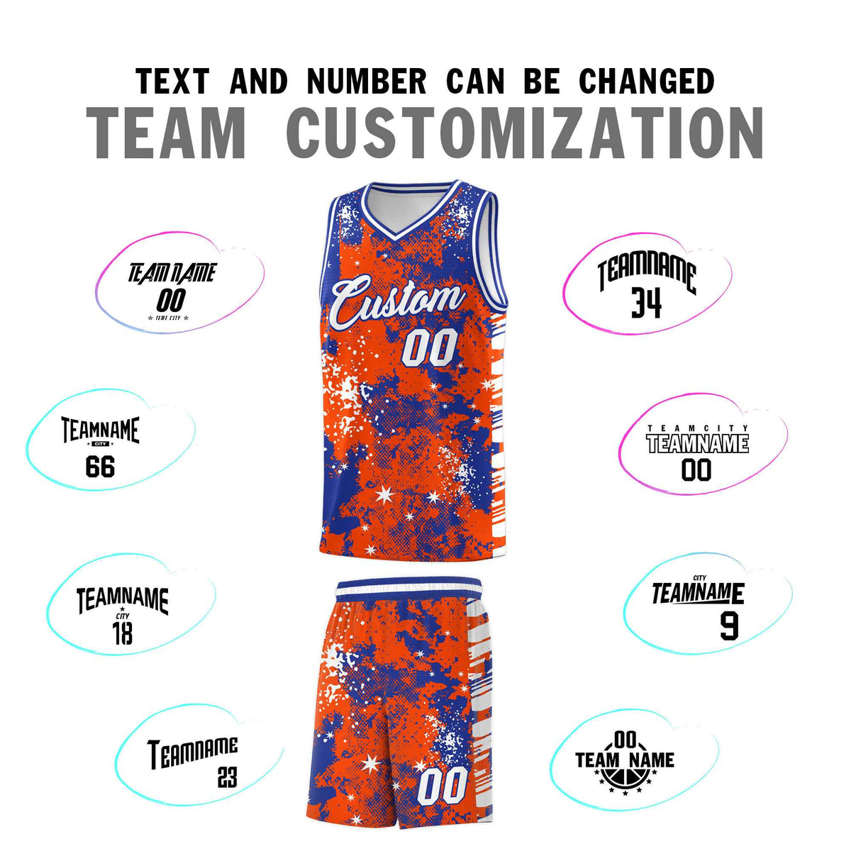 Custom Orange Royal Blue Vice Burst Galactic Graffiti Moisture-Wicking Basketball Jersey