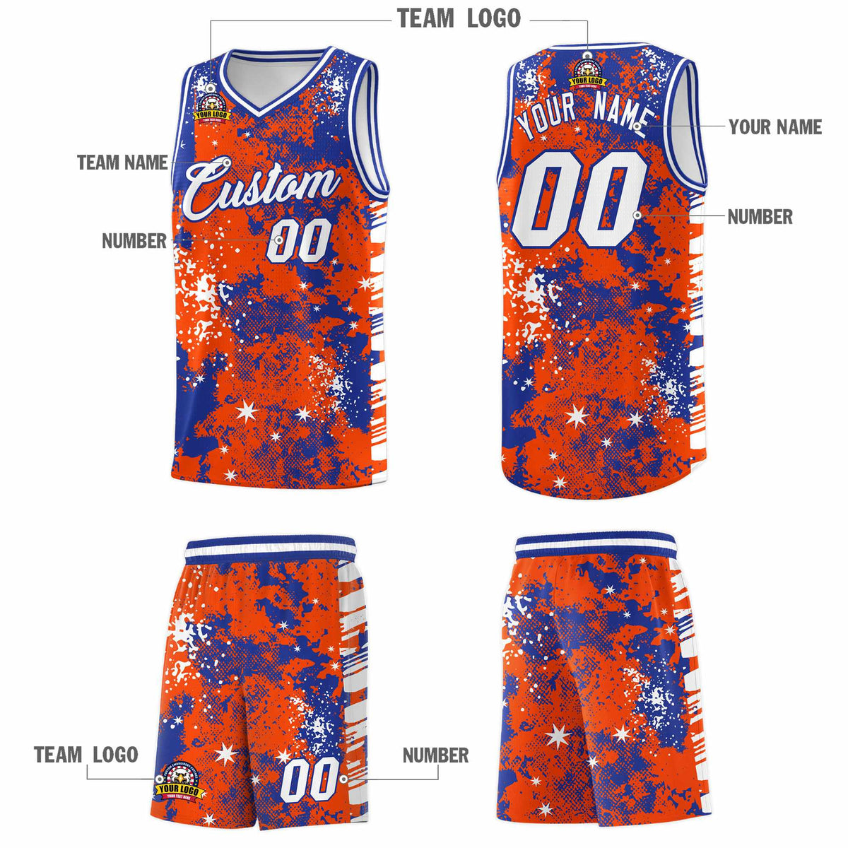 Custom Orange Royal Blue Vice Burst Galactic Graffiti Moisture-Wicking Basketball Jersey