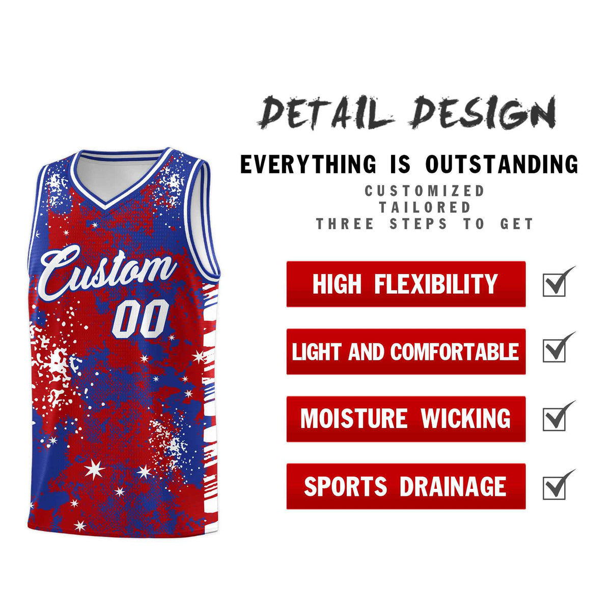 Custom Red Royal Blue Vice Burst Galactic Graffiti Wrinkle-Resistant Basketball Jersey