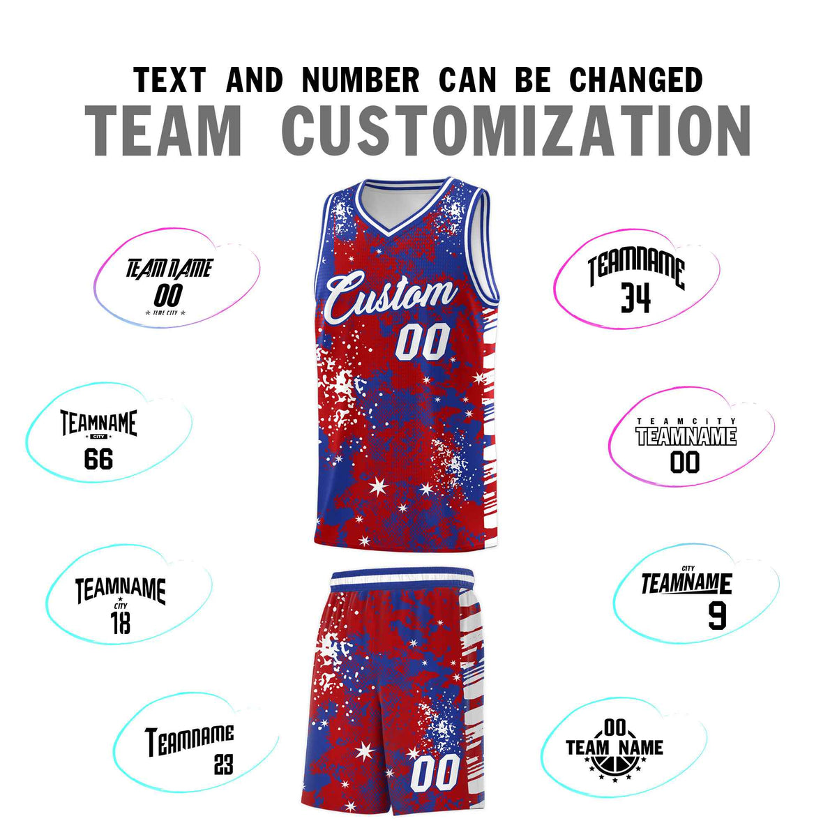 Custom Red Royal Blue Vice Burst Galactic Graffiti Wrinkle-Resistant Basketball Jersey