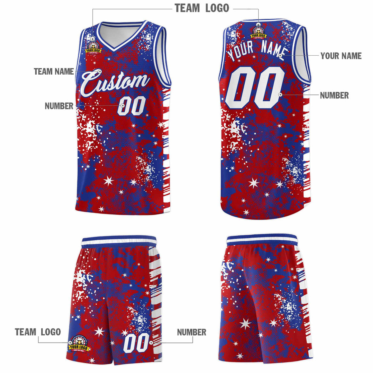 Custom Red Royal Blue Vice Burst Galactic Graffiti Wrinkle-Resistant Basketball Jersey