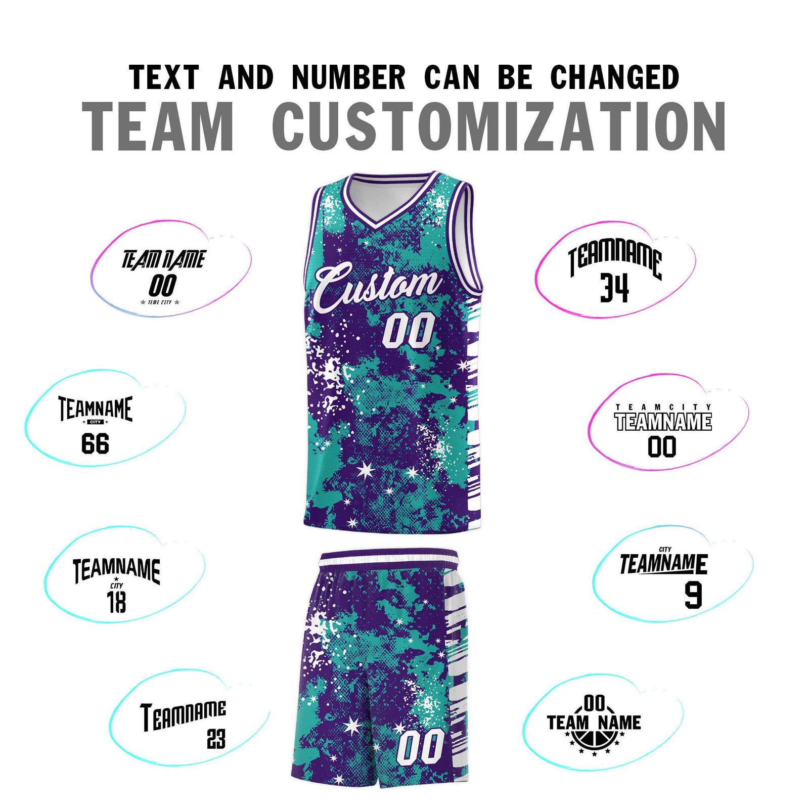 Custom Aqua Purple Vice Burst Galactic Graffiti Breathable Basketball Jersey