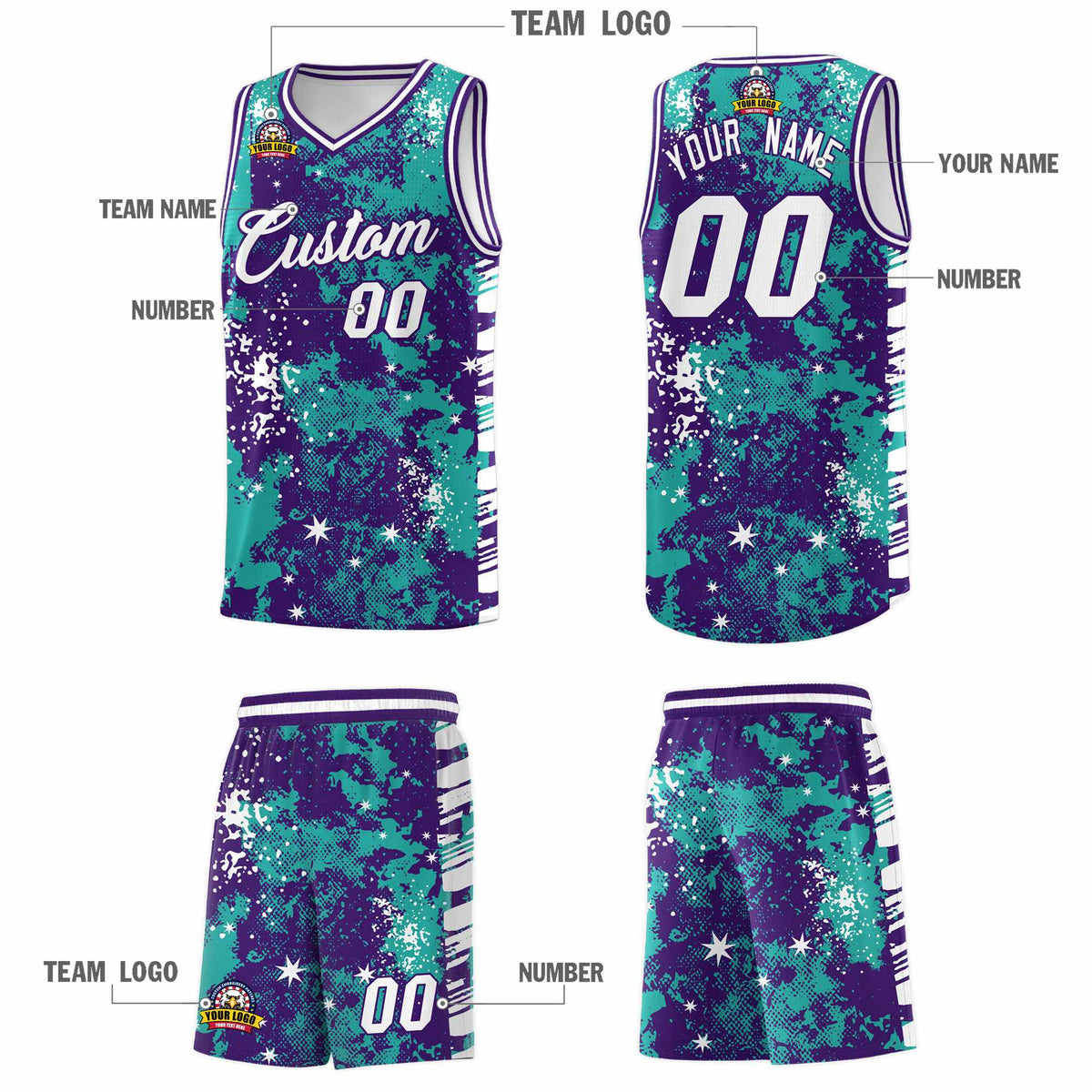 Custom Aqua Purple Vice Burst Galactic Graffiti Breathable Basketball Jersey