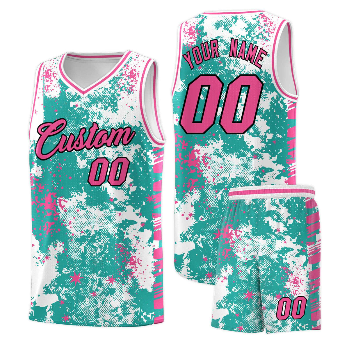 Custom Aqua Pink Vice Burst Galactic Graffiti Quick-Drying Basketball Jersey