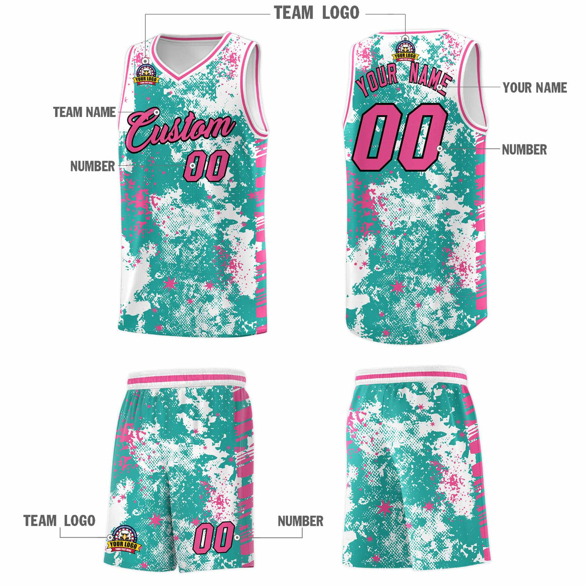 Custom Aqua Pink Vice Burst Galactic Graffiti Quick-Drying Basketball Jersey
