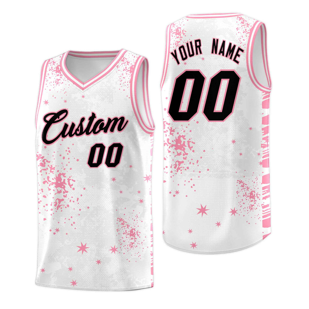 Custom White Light Pink Vice Burst Galactic Graffiti Drapable Basketball Jersey