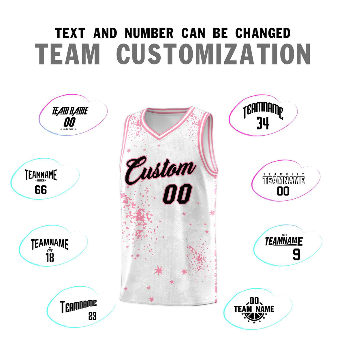 Custom White Light Pink Vice Burst Galactic Graffiti Drapable Basketball Jersey