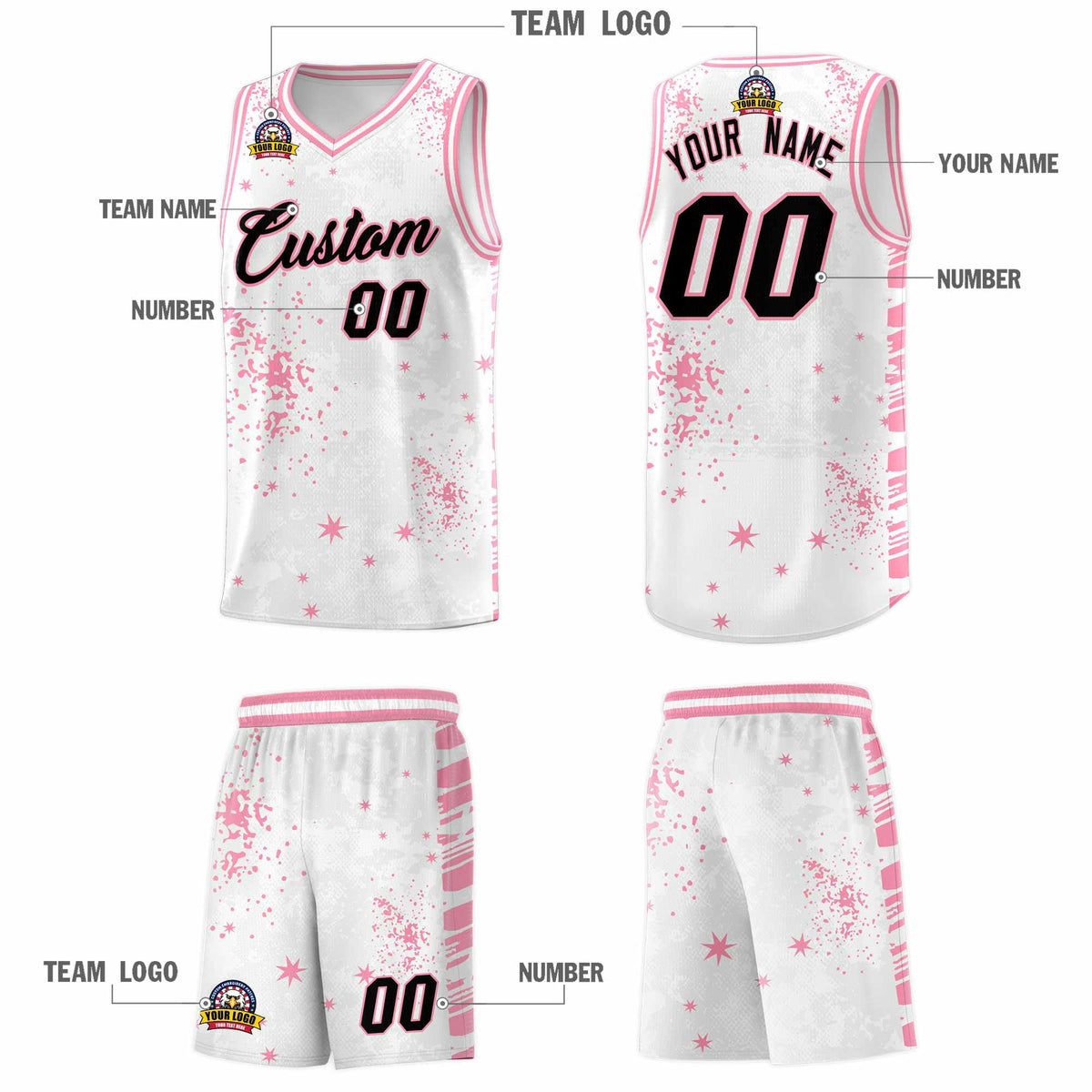 Custom White Light Pink Vice Burst Galactic Graffiti Drapable Basketball Jersey