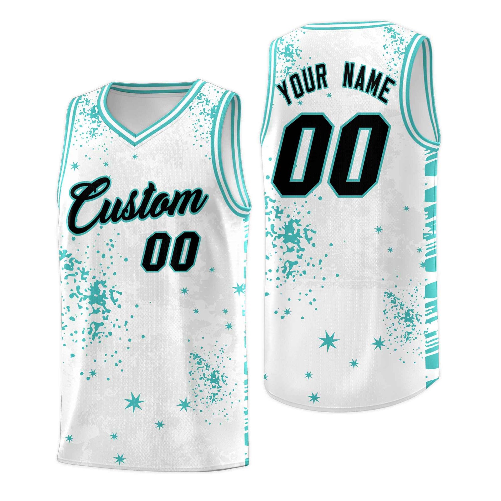 Custom White Light Teal Vice Burst Galactic Graffiti Sublimation Printing Basketball Jersey
