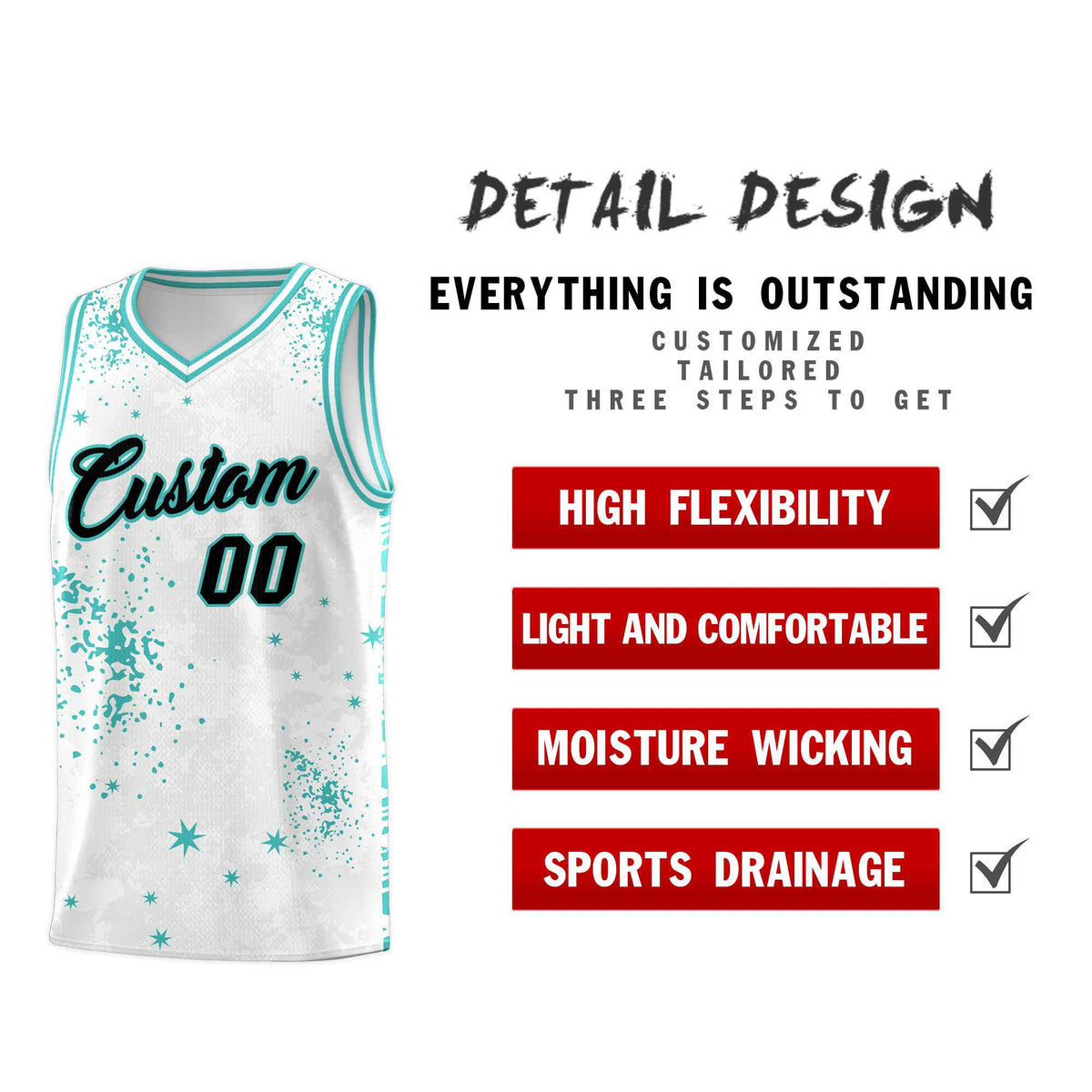 Custom White Light Teal Vice Burst Galactic Graffiti Sublimation Printing Basketball Jersey