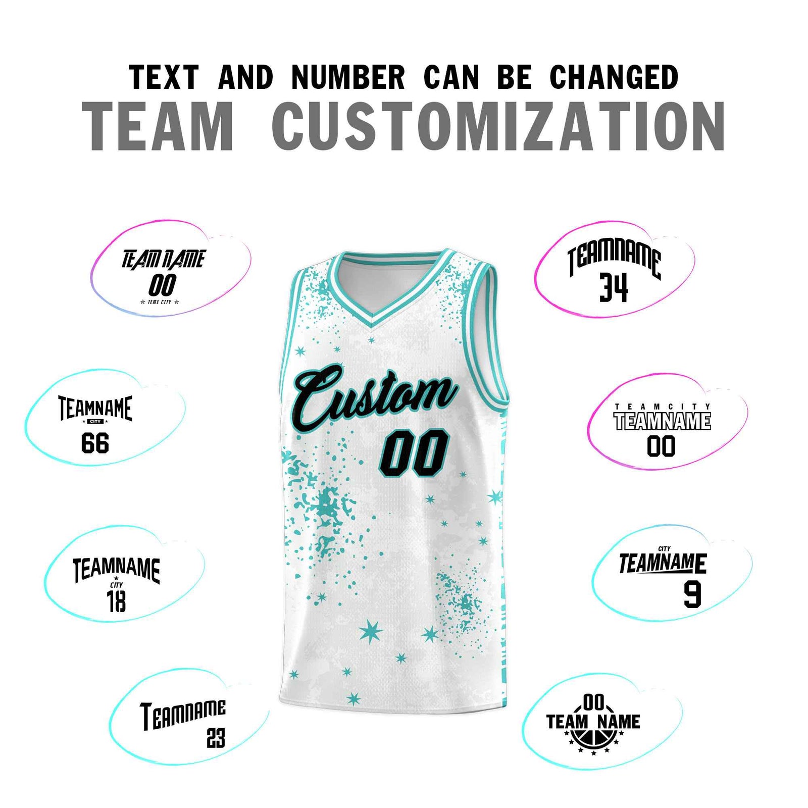 Custom White Light Teal Vice Burst Galactic Graffiti Sublimation Printing Basketball Jersey