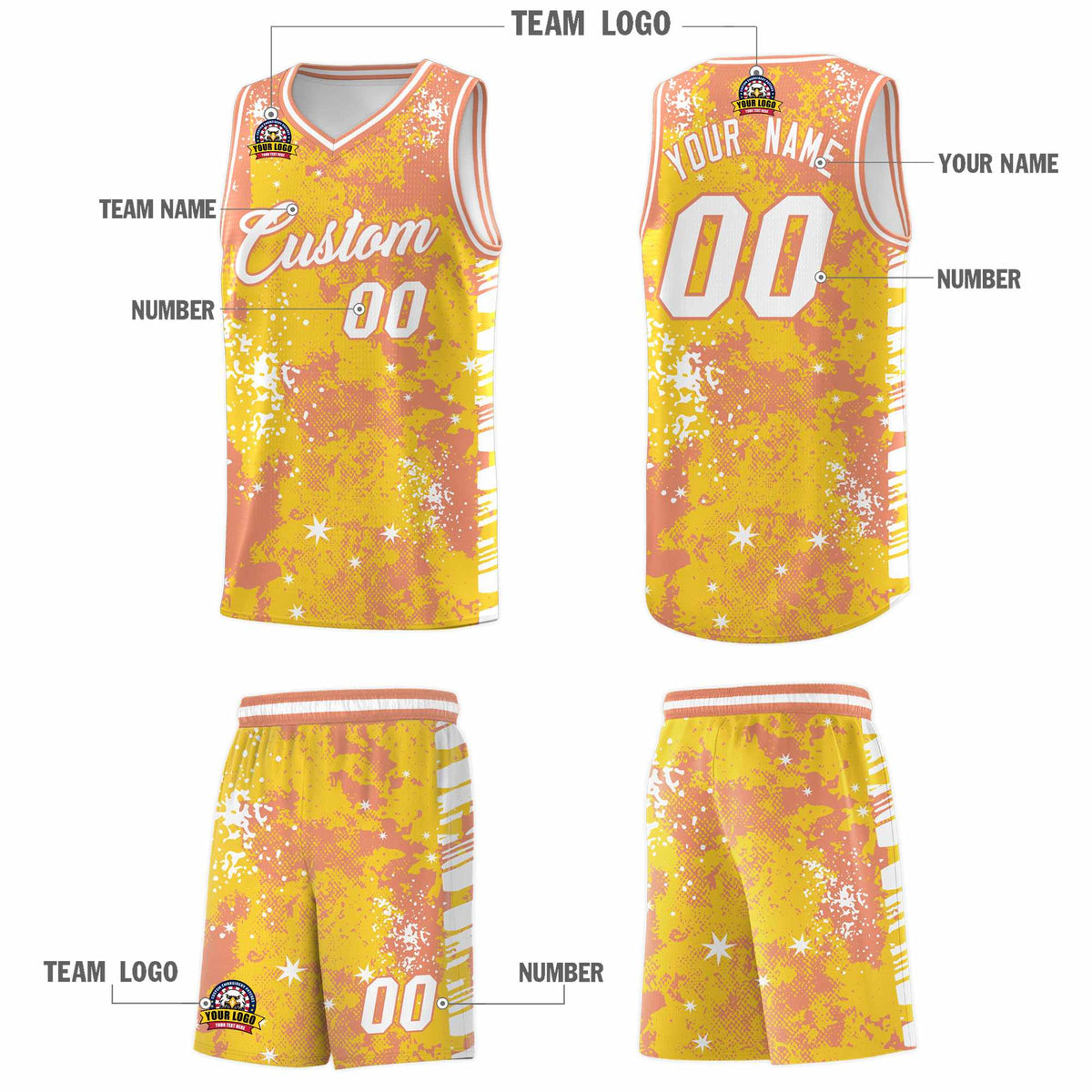 Custom Gold Light Orange Vice Burst Galactic Graffiti Stretch Fabric Basketball Jersey