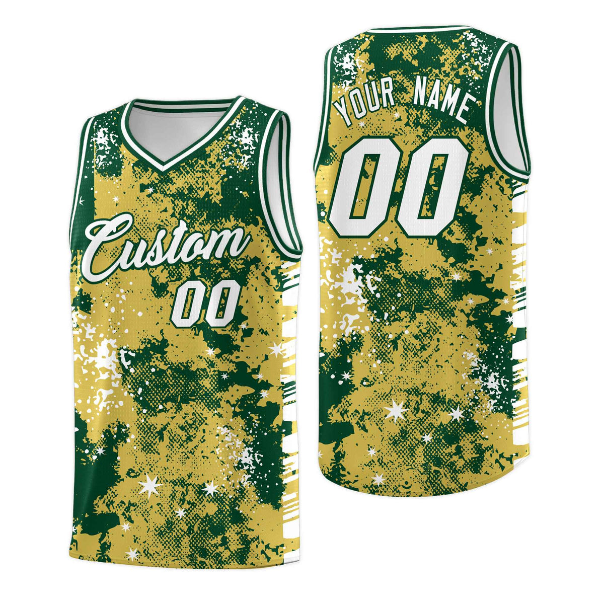 Custom Old Gold Kelly Green Vice Burst Galactic Graffiti Moisture-Wicking Basketball Jersey