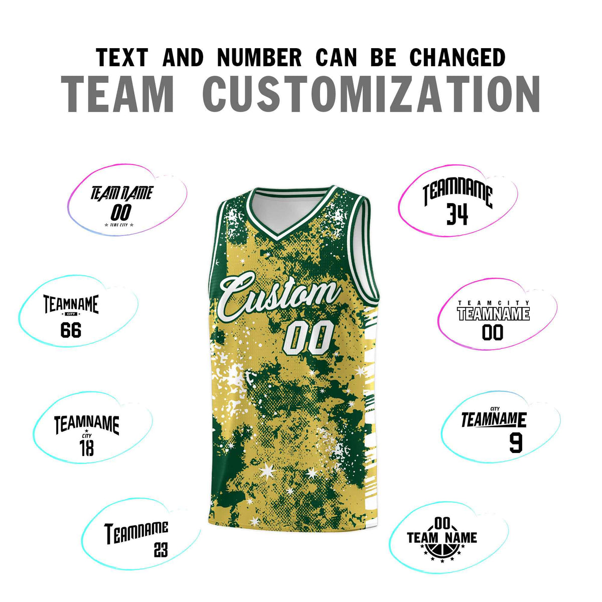 Custom Old Gold Kelly Green Vice Burst Galactic Graffiti Moisture-Wicking Basketball Jersey
