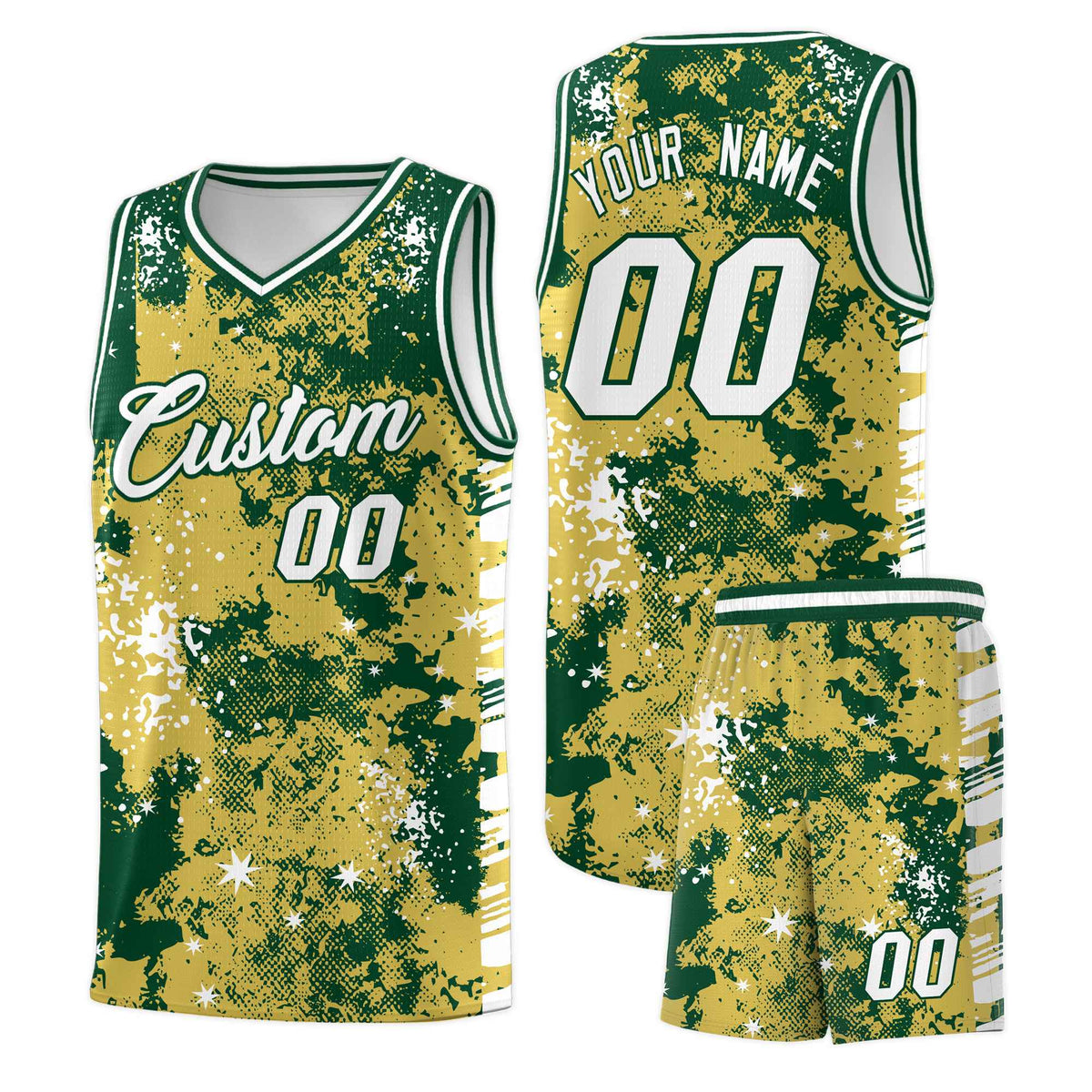 Custom Old Gold Kelly Green Vice Burst Galactic Graffiti Moisture-Wicking Basketball Jersey