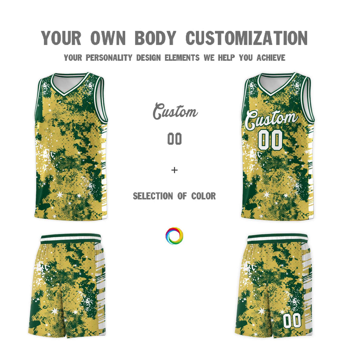 Custom Old Gold Kelly Green Vice Burst Galactic Graffiti Moisture-Wicking Basketball Jersey