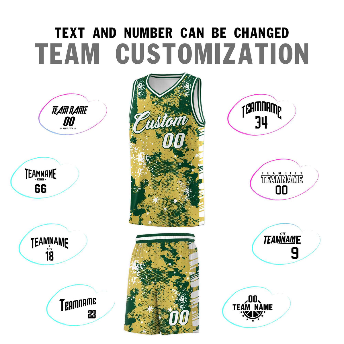 Custom Old Gold Kelly Green Vice Burst Galactic Graffiti Moisture-Wicking Basketball Jersey